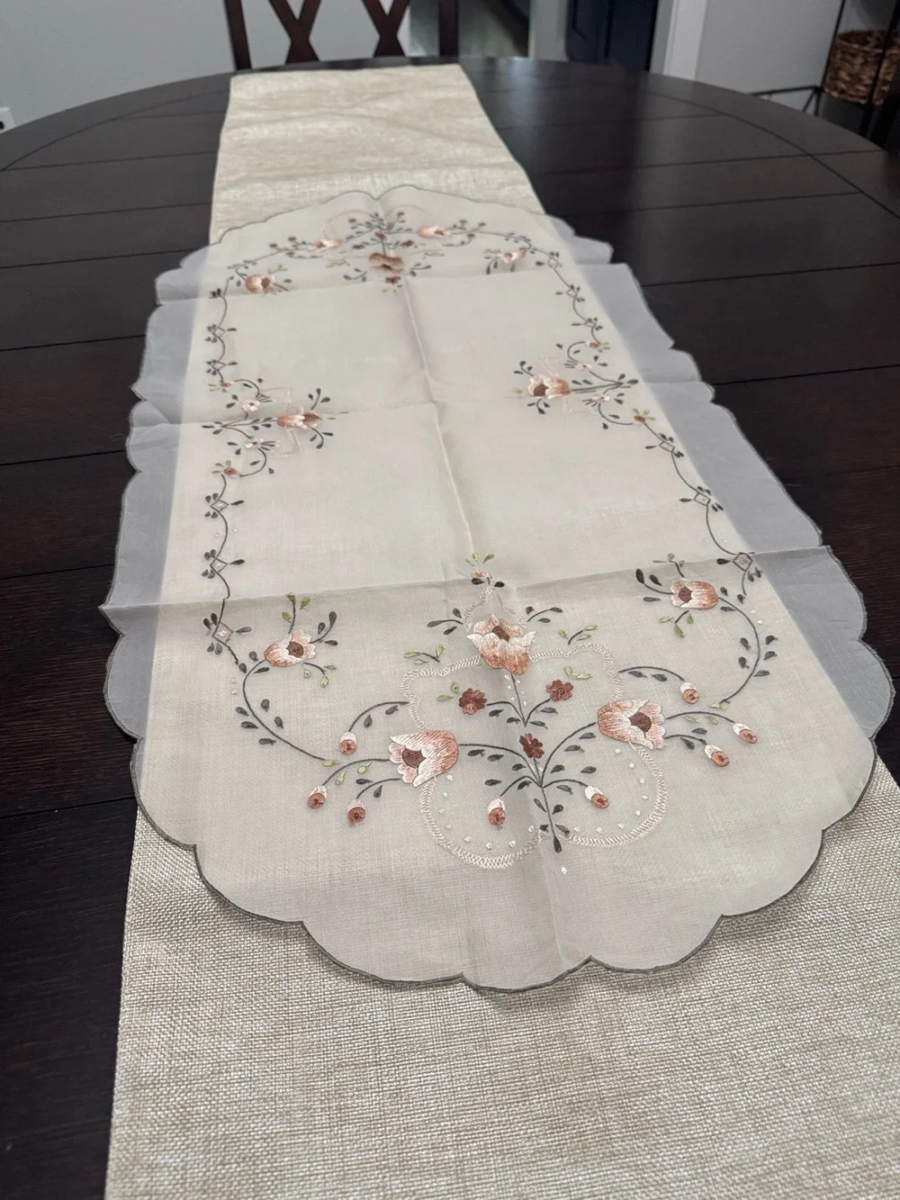 Beautiful Embroidered Floral sheer Table Runner in Beige and brown tones